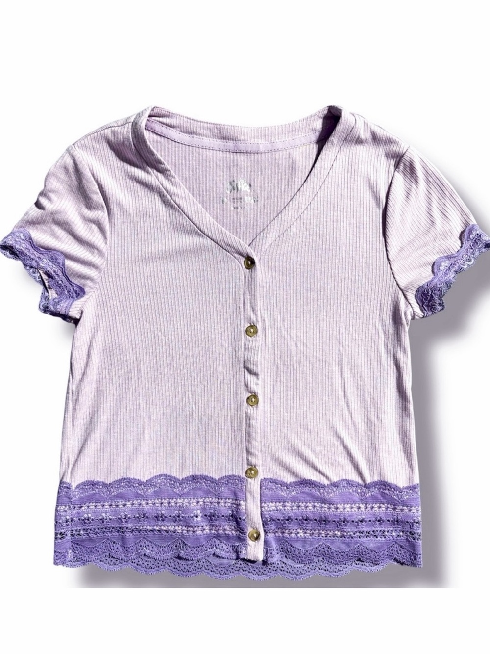 Big Girls JUSTICE Lace Trim Tee Button Up Top Size 14 Lavender Purple